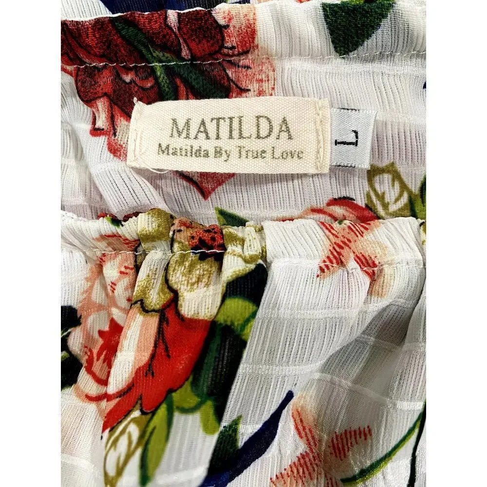 Matilda White Blouse w/ Floral Print. Size L (EUC) - Picture 5 of 7